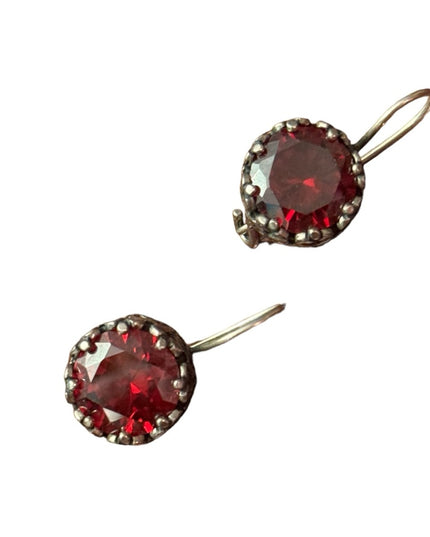 Vintage sterling silver heart frame bezel red crystal dangle earrings