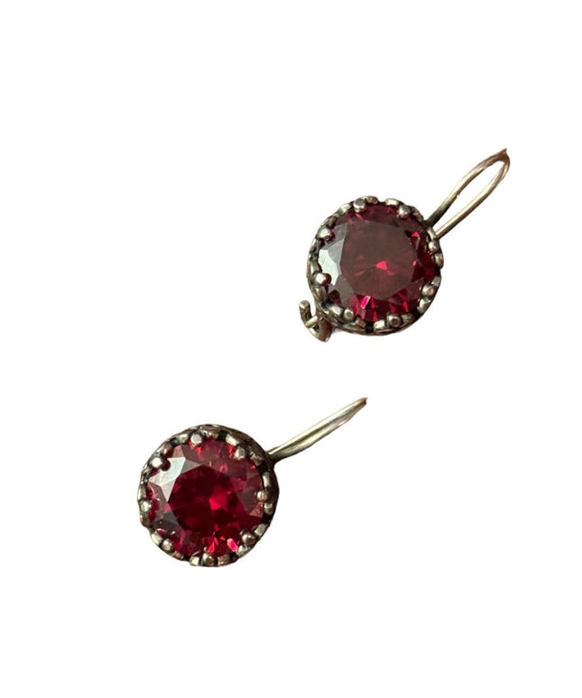 Vintage sterling silver heart frame bezel red crystal dangle earrings