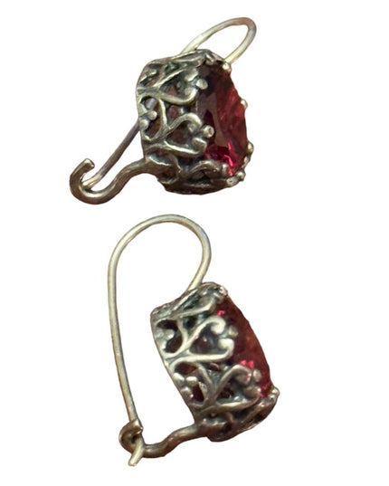 Vintage sterling silver heart frame bezel red crystal dangle earrings