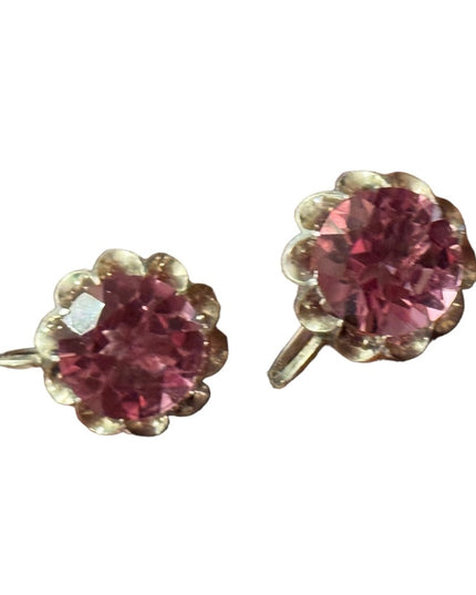 Vintage rhodium plated silver pink glass faceted crystal screw back earrings