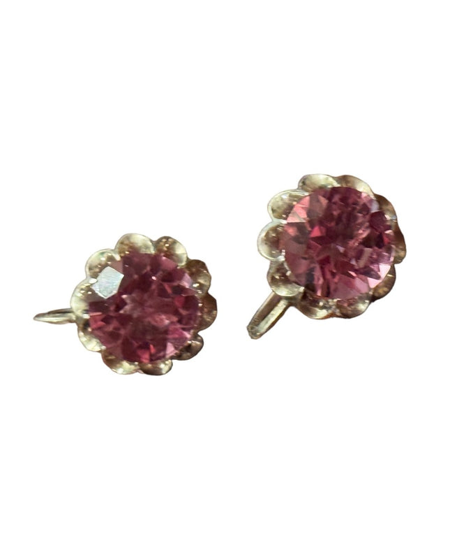 Vintage rhodium plated silver pink glass faceted crystal screw back earrings