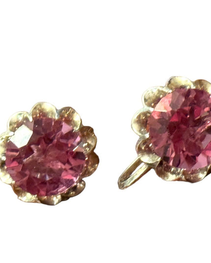 Vintage rhodium plated silver pink glass faceted crystal screw back earrings