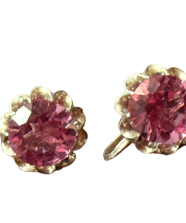 Vintage rhodium plated silver pink glass faceted crystal screw back earrings