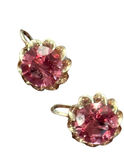 Vintage rhodium plated silver pink glass faceted crystal screw back earrings