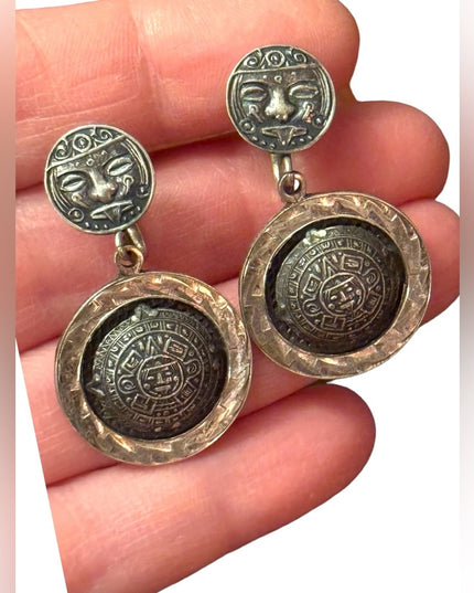 VINTAGE PLAFINA MEXICO STERLING SILVER MAYAN SCREWBACK DANGLE EARRINGS*