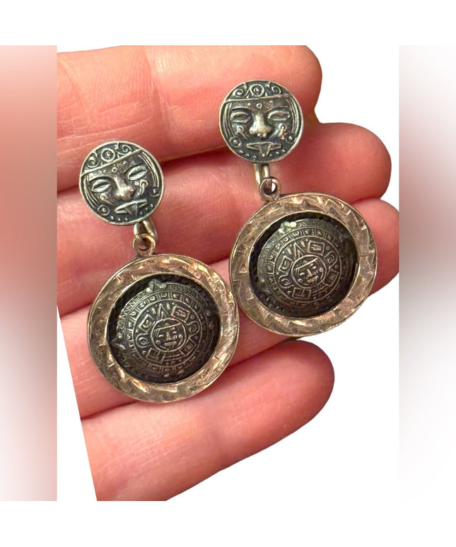 VINTAGE PLAFINA MEXICO STERLING SILVER MAYAN SCREWBACK DANGLE EARRINGS*