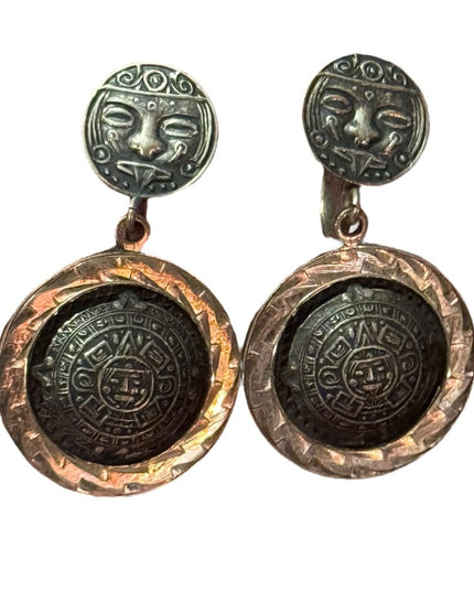 VINTAGE PLAFINA MEXICO STERLING SILVER MAYAN SCREWBACK DANGLE EARRINGS*