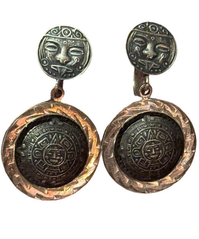 VINTAGE PLAFINA MEXICO STERLING SILVER MAYAN SCREWBACK DANGLE EARRINGS*