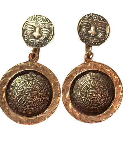 VINTAGE PLAFINA MEXICO STERLING SILVER MAYAN SCREWBACK DANGLE EARRINGS*