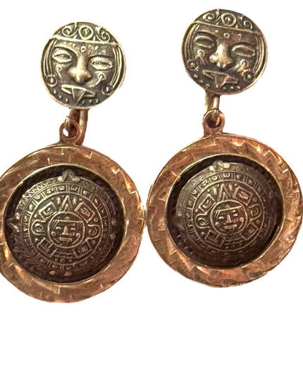 VINTAGE PLAFINA MEXICO STERLING SILVER MAYAN SCREWBACK DANGLE EARRINGS*