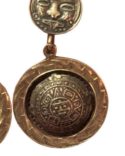 VINTAGE PLAFINA MEXICO STERLING SILVER MAYAN SCREWBACK DANGLE EARRINGS*