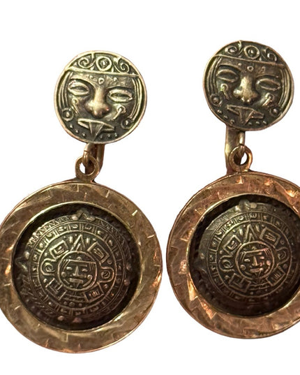 VINTAGE PLAFINA MEXICO STERLING SILVER MAYAN SCREWBACK DANGLE EARRINGS*