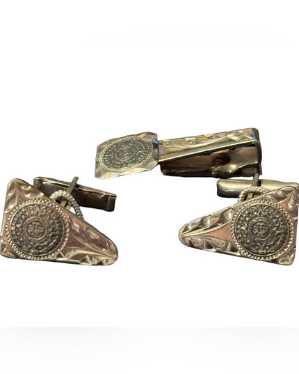 Vintage NEW sterling Mexico aztec Mayan calendar tie clip and cufflinks boxed