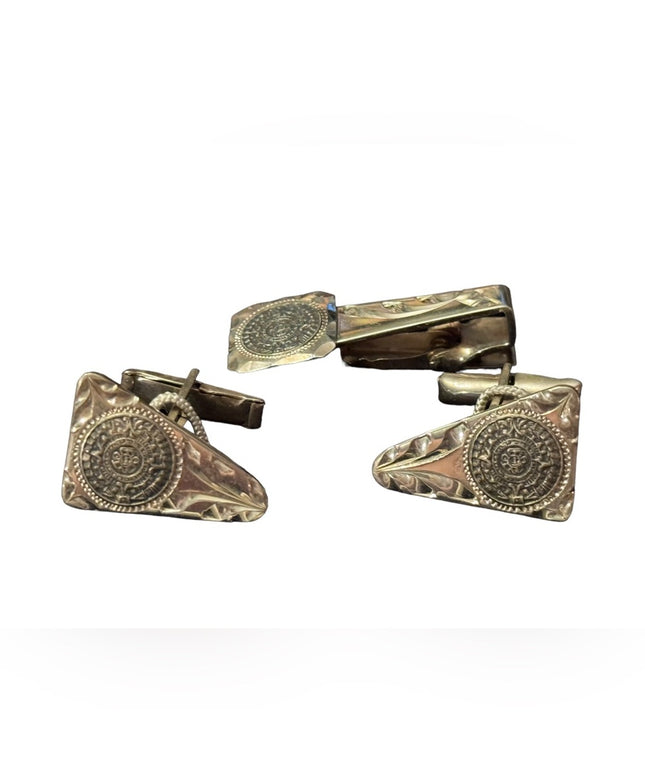 Vintage NEW sterling Mexico aztec Mayan calendar tie clip and cufflinks boxed