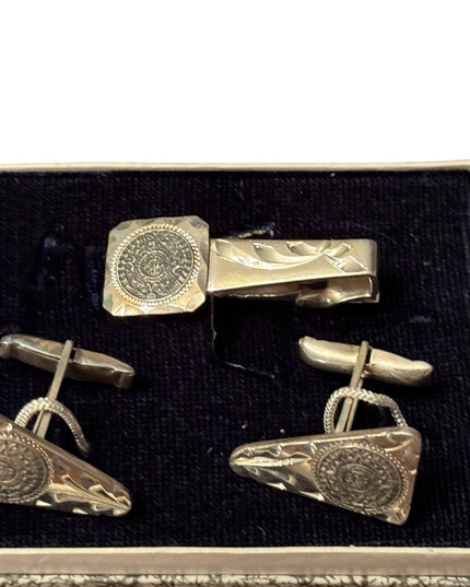 Vintage NEW sterling Mexico aztec Mayan calendar tie clip and cufflinks boxed