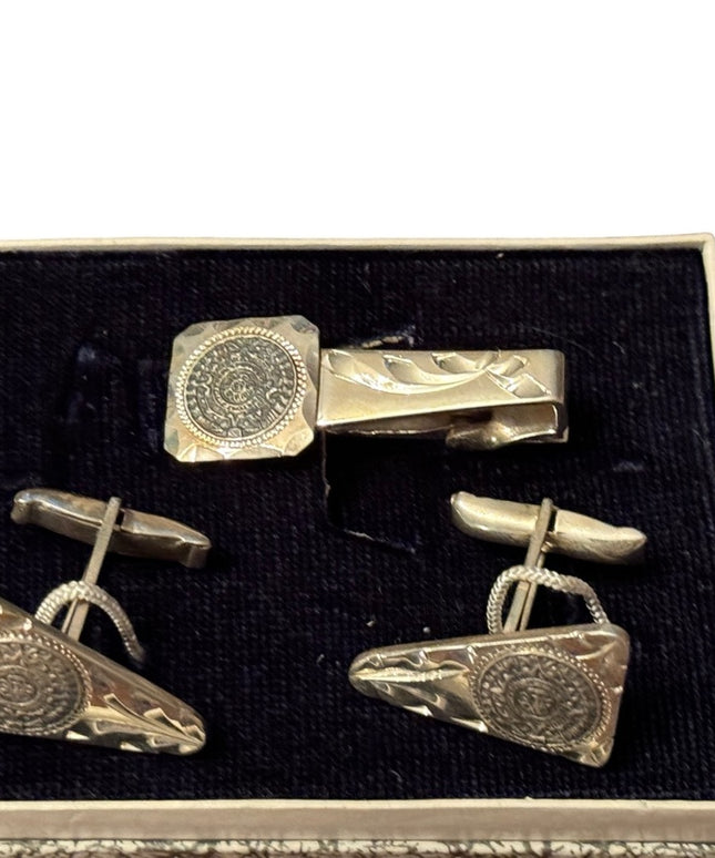 Vintage NEW sterling Mexico aztec Mayan calendar tie clip and cufflinks boxed