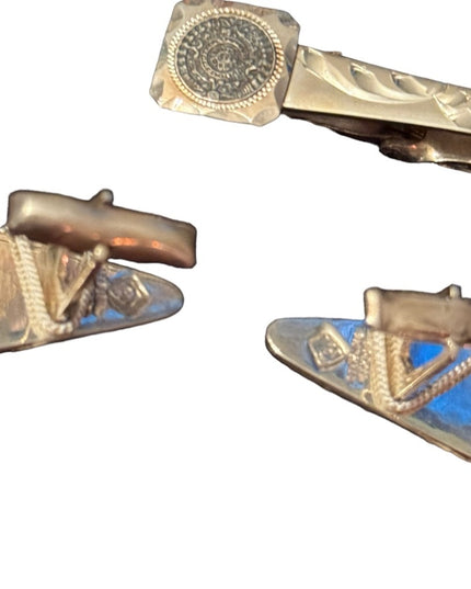 Vintage NEW sterling Mexico aztec Mayan calendar tie clip and cufflinks boxed
