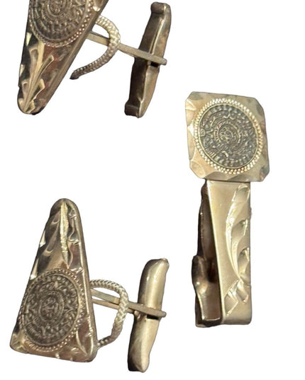 Vintage NEW sterling Mexico aztec Mayan calendar tie clip and cufflinks boxed