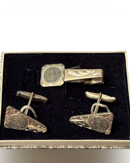 Vintage NEW sterling Mexico aztec Mayan calendar tie clip and cufflinks boxed