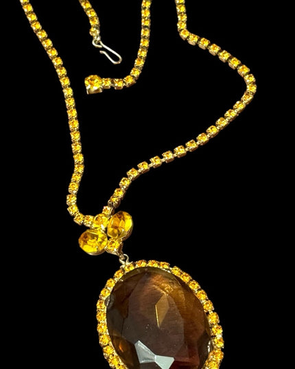 Lovely crystal Statement vintsge Amber Citrine Rhinestone Pendant Necklace