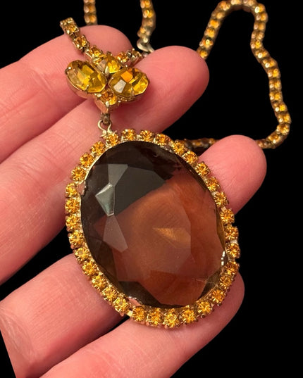 Lovely crystal Statement vintsge Amber Citrine Rhinestone Pendant Necklace