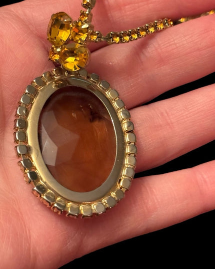 Lovely crystal Statement vintsge Amber Citrine Rhinestone Pendant Necklace