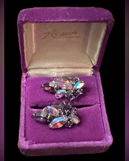 Vintage mid century AB purple crystal SHERMAN authentic clip on earrings