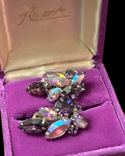 Vintage mid century AB purple crystal SHERMAN authentic clip on earrings