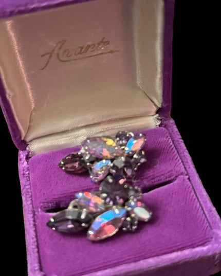 Vintage mid century AB purple crystal SHERMAN authentic clip on earrings