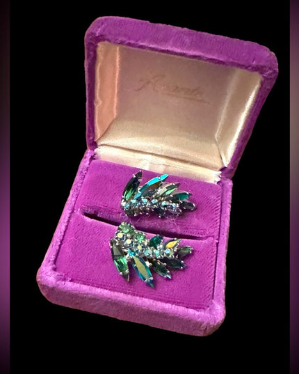 Vintage mid century RARE green crystal AB SHERMAN authentic clip on earrings