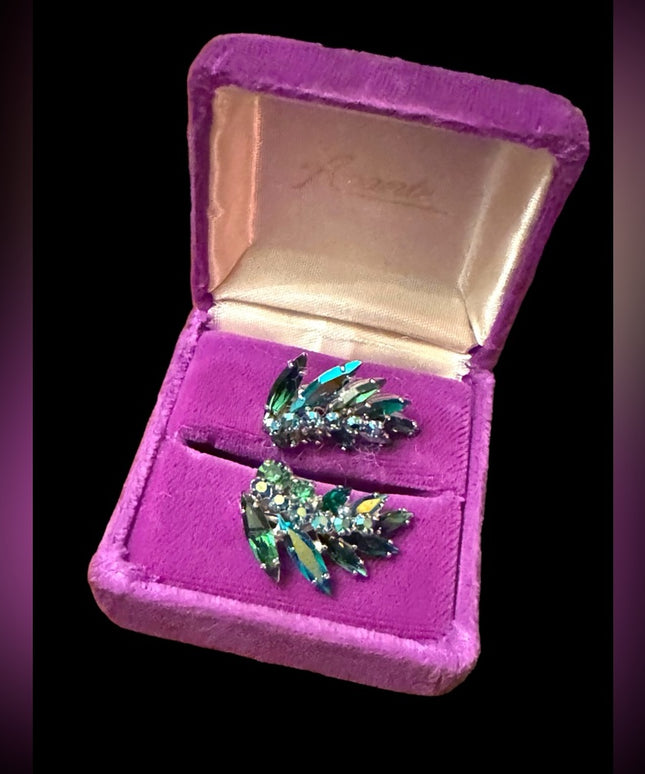 Vintage mid century RARE green crystal AB SHERMAN authentic clip on earrings