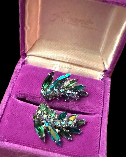 Vintage mid century RARE green crystal AB SHERMAN authentic clip on earrings