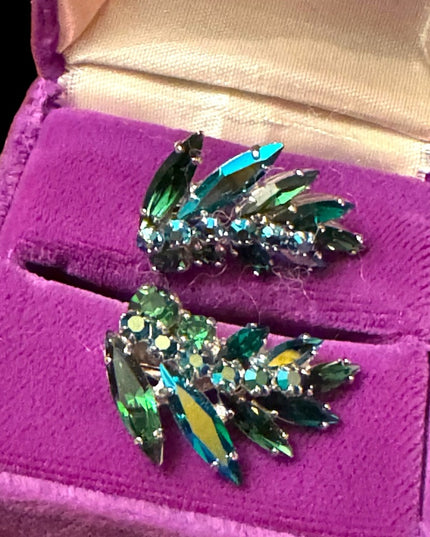 Vintage mid century RARE green crystal AB SHERMAN authentic clip on earrings
