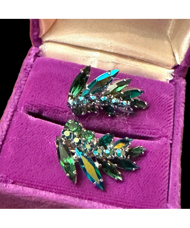 Vintage mid century RARE green crystal AB SHERMAN authentic clip on earrings