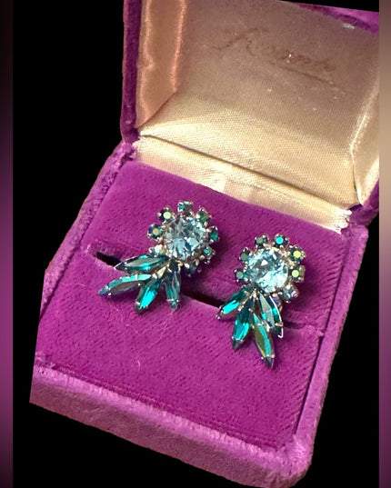 Vintage mid century Green blue fancy RARE SHERMAN clip on earrings