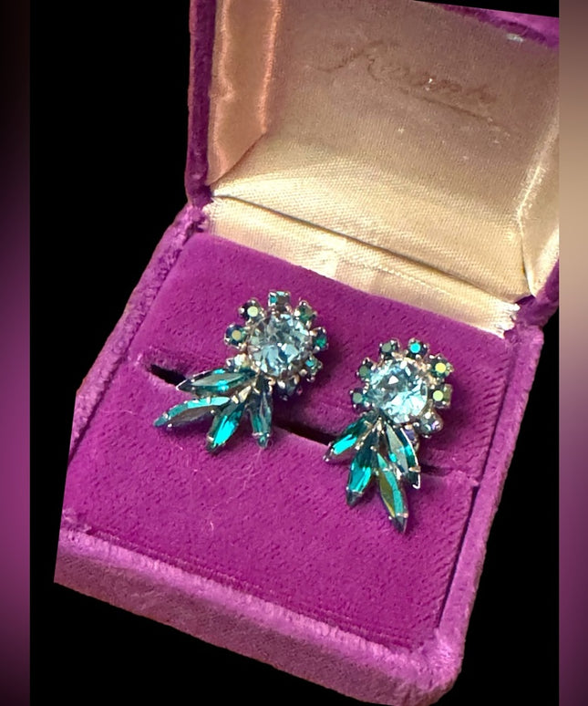 Vintage mid century Green blue fancy RARE SHERMAN clip on earrings