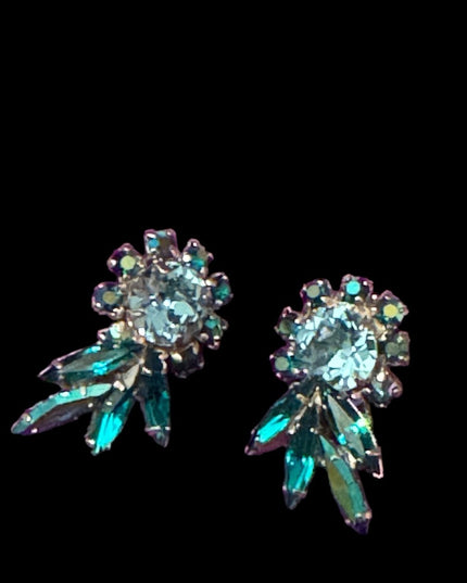 Vintage mid century Green blue fancy RARE SHERMAN clip on earrings