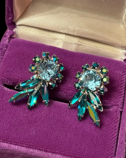 Vintage mid century Green blue fancy RARE SHERMAN clip on earrings