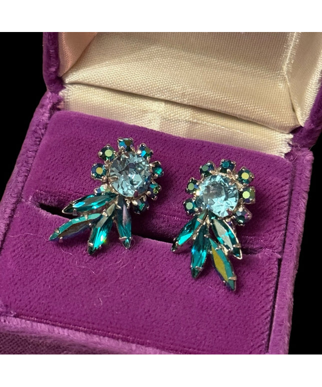 Vintage mid century Green blue fancy RARE SHERMAN clip on earrings