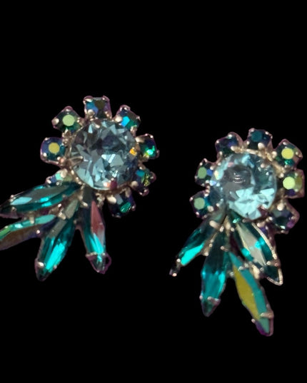 Vintage mid century Green blue fancy RARE SHERMAN clip on earrings