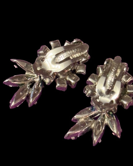 Vintage mid century Green blue fancy RARE SHERMAN clip on earrings
