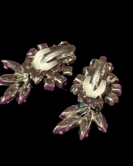 Vintage mid century Green blue fancy RARE SHERMAN clip on earrings