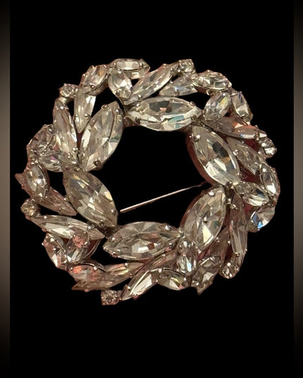 Vintage mid century SHERMAN clear crystal wreath style  brooch