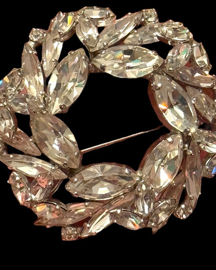 Vintage mid century SHERMAN clear crystal wreath style  brooch