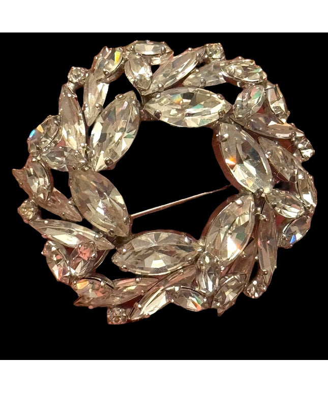 Vintage mid century SHERMAN clear crystal wreath style  brooch