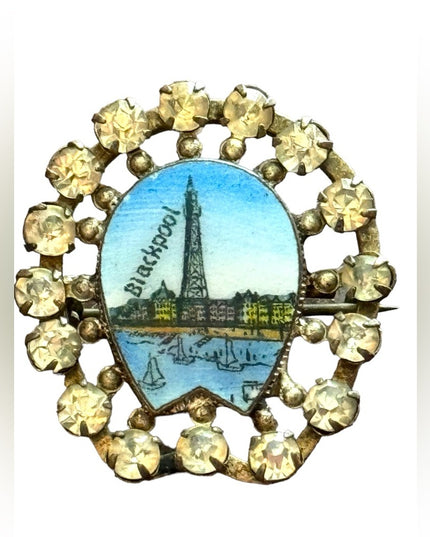 Vintage 1960s Blackpool England enameled small brooch pin rhinestones crystal