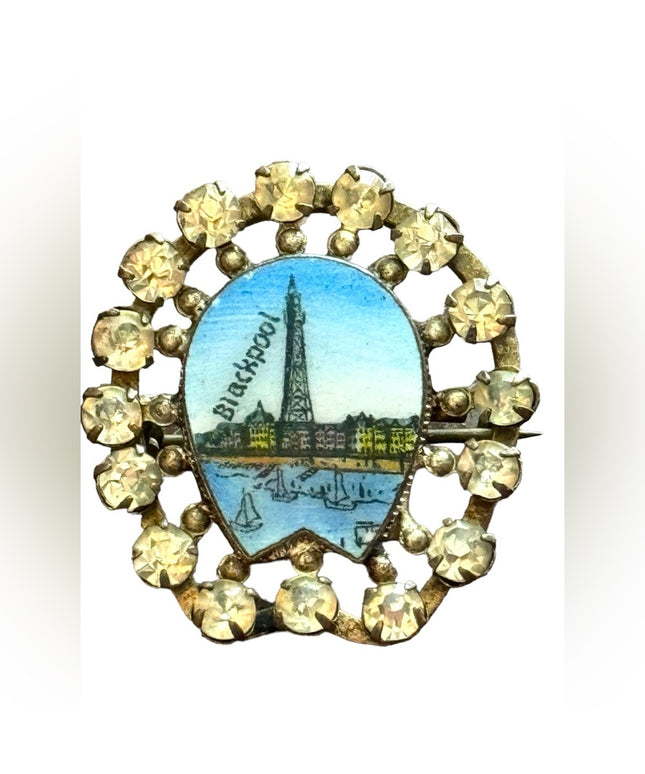 Vintage 1960s Blackpool England enameled small brooch pin rhinestones crystal