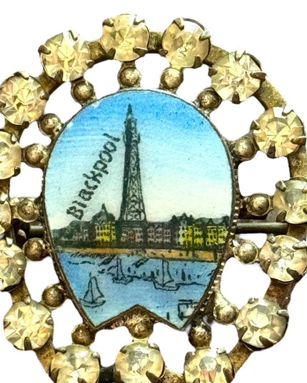 Vintage 1960s Blackpool England enameled small brooch pin rhinestones crystal