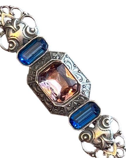 Vintage “victorian revival” fancy pink and blue glass bar brooch