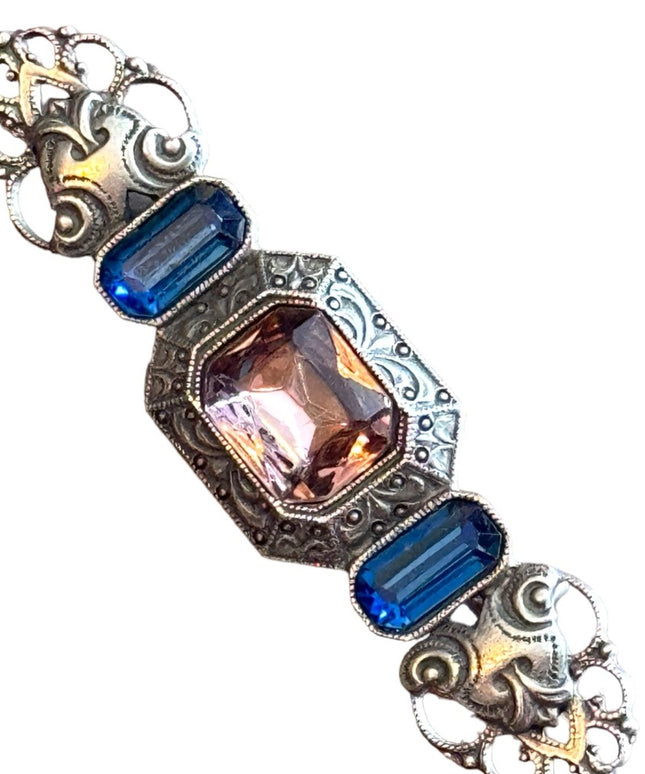 Vintage “victorian revival” fancy pink and blue glass bar brooch